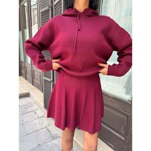 Conjunto de suéter de punto con capucha y falda para mujer 10224 - Product Image 3