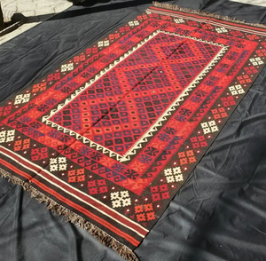 พรมกิลิมอัฟกันสีแดงเข้มทอมือ ลายเรขาคณิตเพชร ทอแบบแบน ทำจากขนสัตว์ - Product Image 1