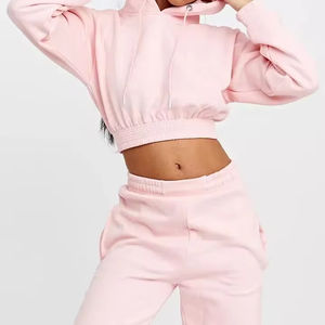 Alta calidad 100% algodón 2 uds azul Boxy polar cuello en V Loungewear chándal mujer tejido encaje deportes Jogging Top pantalón transpirable - Product Image 1