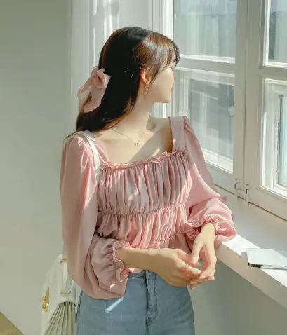 Blusa de Chifón con cuello cuadrado para mujer, blusa recortada de estilo coreano a la moda