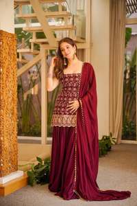 Designer Party Wear Bridal Wear Faux Georgette Sequence And Embroidery Work <b>Top</b> With Plazzo And Dupatta Ready To Wear Set - Product Image 3