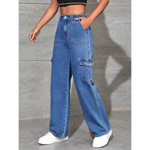 Jeans Cargo de Mezclilla para Mujer, Color Azul Piedra, Cintura Alta, 6 Bolsillos, Corte Holgado, Transpirables, Ecológicos, Estilo Vintage, Tallas 26 a 40 - Product Image 4