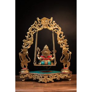 Handmade Brass Ganesha Statue on <b>Swing</b> Jhoola Luxury Traditional Shabby Chic Art for Home & Office Decor for Diwali - Product Image 3