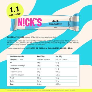 Barres chocolatées véganes NICKS Dark Keto sans sucre ajouté, 1g de glucides net, 107 calories, barre de collation sans gluten (15 chocolats noirs x 25g) - Product Image 3
