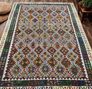 Tapis afghan Kilim tissé à la main 298x216cm Multicolore Géométrique Diamant Décoration Tapis de sol Salon Style vintage - Product Image 2