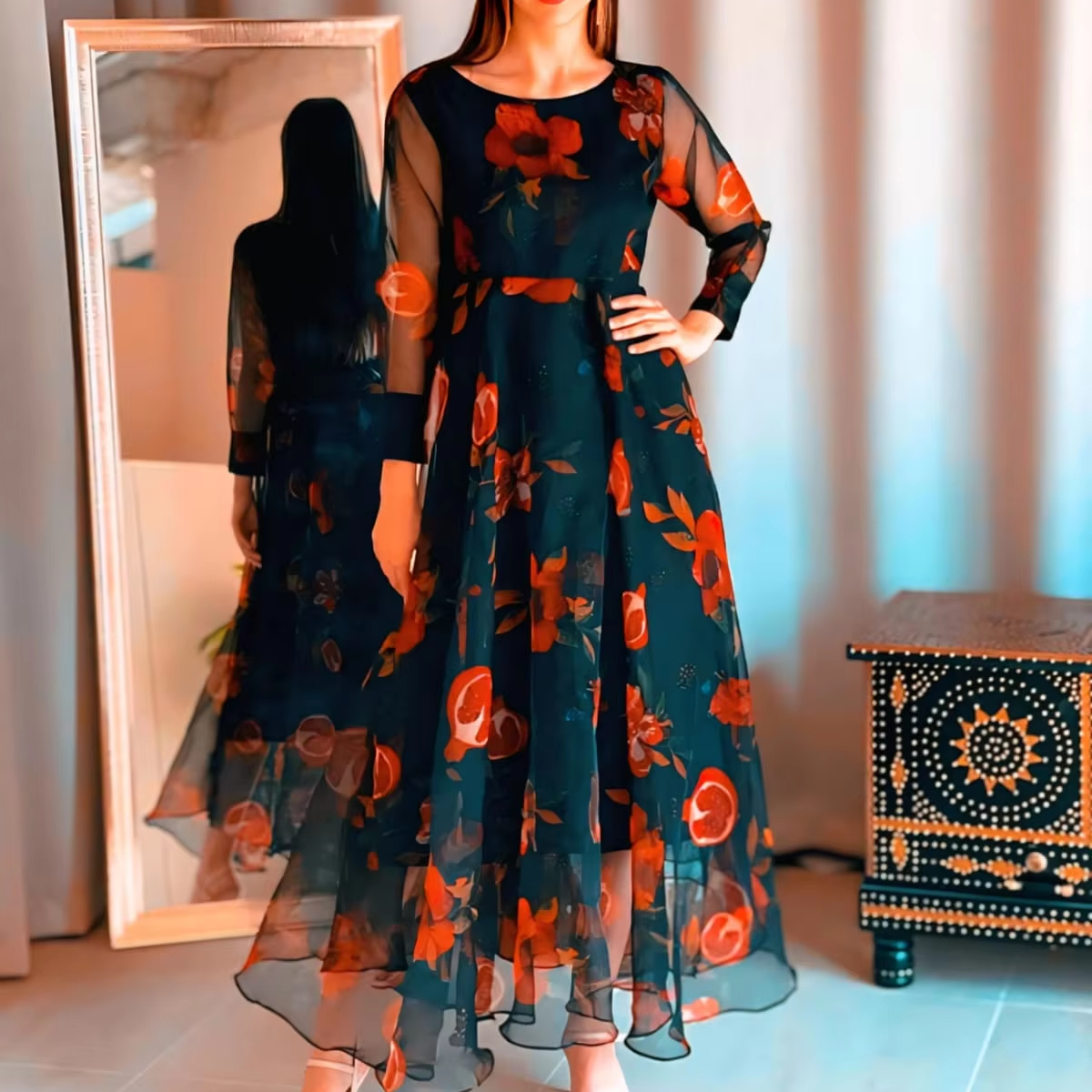 Wholesale Women's Modest Party Maxi Dress Black Red Floral Chiffon Washable  Sheer Long Sleeve Sweet Style Natural Waistline| Alibaba.com