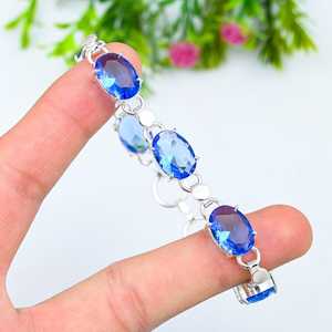 Bracelet de fête de mariage bohème en Tanzanite bleue de luxe, argent sterling 925, pierre précieuse ovale facettée réglable, élégant, fait à la main - Product Image 2