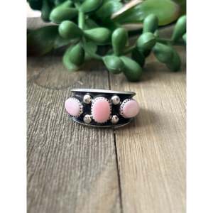 Navajo Handmade Sterling <b>Silver</b> <b>Ring</b> with Pink Conch Shell Inlay-<b>Boho</b> Geometric Statement Jewelry - Product Image 1