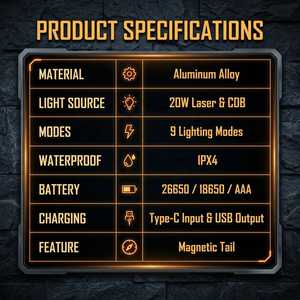 Linterna Táctica LED de Alta Potencia de 20W con Luz Lateral COB, Recargable Tipo-C, con Zoom, Pantalla LCD y Base Magnética - Product Image 6