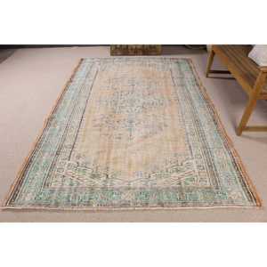 Alfombra Vintage de 5.7x8.6 pies, Alfombra Turca Grande, Alfombra de Lana Azul Marrón Estilo Suroeste - Product Image 1