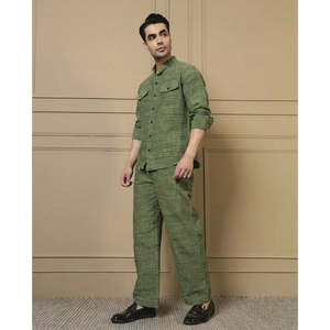 Amanush <b>Men's</b> Green Plaid Cotton Kurta Pant Set Mandarin Collar Full Sleeve Casual Summer Wear Breathable 2 Piece Set - Product Image 3