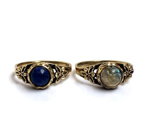 Bagues vintage en laiton plaqué or avec pierres naturelles Lapis Lazuli et Labradorite, motif floral, sertissage clos, style bohème, unisexe, pour anniversaire - Product Image 1