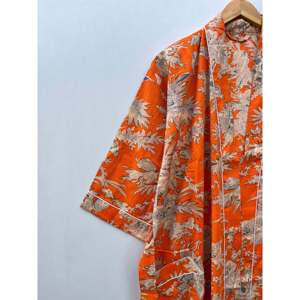 Robe kimono en coton à imprimé floral, peignoir imprimé au bloc avec col mandarin, respirant, taille unique, vêtement de loisirs - Product Image 4