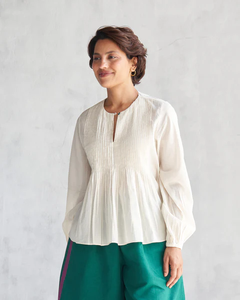Ivory Pleated Cotton <b>Top</b> with Green Heart Button Versatile Casual Blouse-<b>Elasticated</b> Sleeves Breathable Feature - Product Image 6
