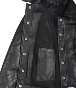 Luxury Womens Black Genuine Leather Woven <b>Quilted</b> Zipper Slim Fit Textured Designer Biker Jacket Crew Neck Premium Custom OEM - Product Image 6