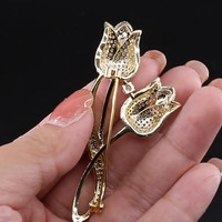Vente en gros de strass, fleur de cristal pour femmes, tulipe, fournisseur en or, broche pour manteau de mariage