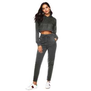 Joggers recortados logotipo personalizado Crop Top capucha sudaderas pantalones de chándal en blanco pesado sudaderas con capucha conjuntos mujer ropa mujer otoño trajes 2025 - Product Image 1
