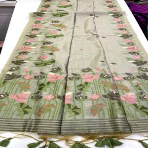 Sari VASTRA COTTAGE de Algodón Muga Suave Premium con Borde de Tejido Resham Jamdani, Borla de Loto y Borlas Decorativas, Prenda Tradicional - Product Image 2