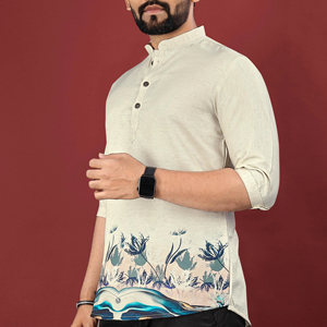 Élégant ZODIAC hommes court Kurta numérique imprimé Jute coton avec col Mandarin bouton en bois pour la fête ethnique sorties décontractées - Product Image 1