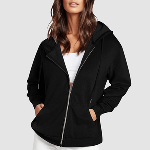 Sweat-shirts à capuche 100 % coton pour femmes avec poches, manteau pull zippé d'hiver, couleur unie, respirant, décontracté, imprimé - Product Image 5