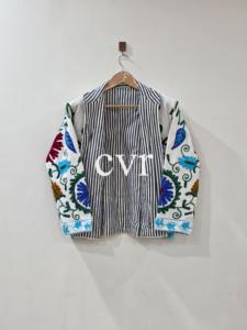 Chaqueta de Algodón con Bordado Floral a Mano, Cuello Mandarín, Manga Larga, Talla Grande, Estilo Prairie Chic para Mujer, Primavera - Product Image 3