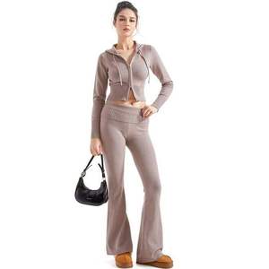 Conjunto de Top Corto con Capucha y Cremallera Tejido para Mujer y Pantalones Acampanados, Color Sólido, Casual, Largo, Estilo Deportivo, OEM, Marca Privada - Product Image 6