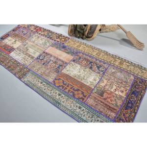 Tapis Vintage Turc Beige 3.5x8.8ft Laine Faite à la Main avec Motif Abstrait en Latex pour Entrée 9x12 Rectangle - Product Image 4