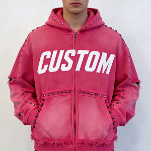 Street Casual Factory Wholesale Hot Pink <b>Studded</b> Full-Zip Distressed Ripped Frayed Edge Customizable Oversized <b>Men</b> Hoodies - Product Image 1