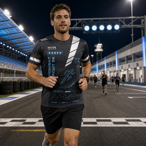 เสื้อยืดวิ่งกลางคืนสะท้อนแสงแบบกำหนดเอง 5k แรงบันดาลใจจากมอเตอร์สปอร์ต เสื้อวิ่งสำหรับงานแข่งขัน พิมพ์ลายแบบซับลิเมชั่นเต็มตัว เสื้อแข่งรถวงจร - Product Image 2