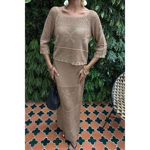 Conjunto de Punto Calado Estilo Bohemio 10093 con Mangas Tres Cuartos y Cuello Barco, Top Corto para Primavera/Verano - Product Image 1