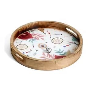 Plateau à gâteau en bois pour servir des desserts et des friandises, vaisselle de fête à domicile, plateau rond de table, motifs imprimés en émail, plateaux - Product Image 1