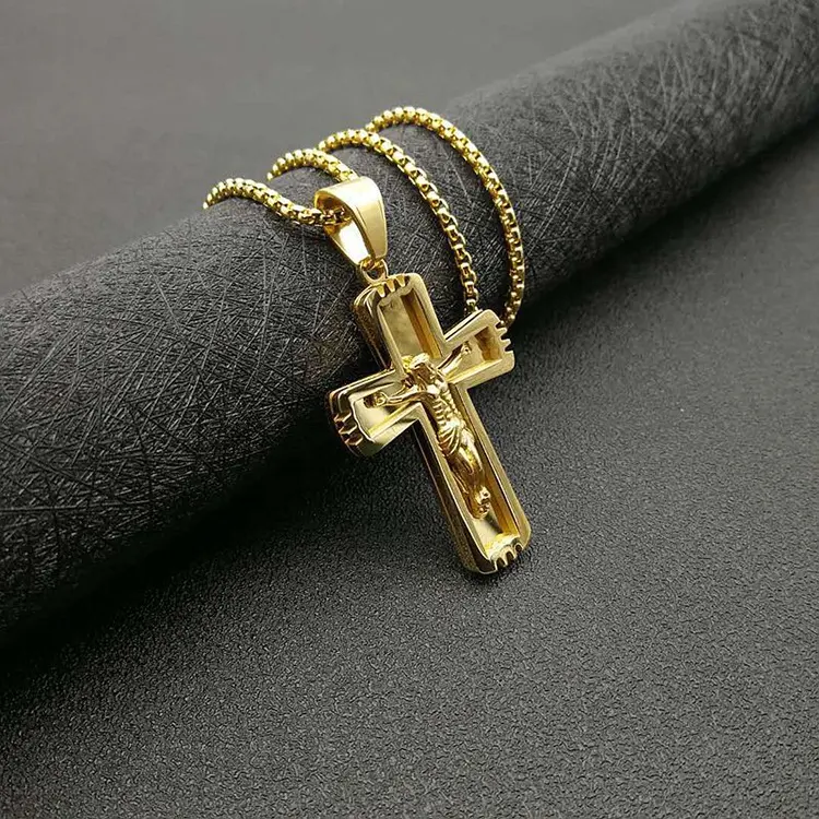 High Quality Hip Hop Gold Plated 316L Stainless Steel Jesus Cross Pendant Necklace For Unisex