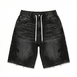 Shorts en jean pour hommes, solides, avec cristaux, broderie en strass, streetwear, jorts, coupe ample, délavés, décontractés, fabricant OEM, vente en gros - Product Image 1