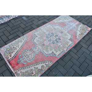 Vintage Rug 2.9x6.8 ft, <b>Red</b> Blue Bordered <b>Wool</b> Turkish Rug - Product Image 2