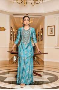 Sky Blue Designer Kurti Plazo Set Georgette con bordado pesado Trabajo Diseñador Partywear Salwar Suit para mujer Ropa de boda - Product Image 2