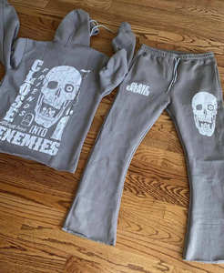 Ensemble sweat-shirt et pantalon de survêtement unisexe vintage en molleton uni, avec sweat à capuche à ourlet brut et joggers évasés, vente en gros - Product Image 1