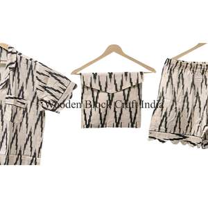 Conjunto de Pijama Corto de Verano para Mujer, Ropa de Dormir de Algodón Estampada a Mano, Ropa de Dormir Suave con Detalles Hechos a Mano para Mujer - Product Image 2