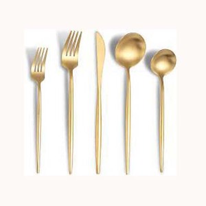 Juego de Cubiertos de acero inoxidable con mango largo redondo chapado en oro Colección de cubiertos elegantes - Product Image 1