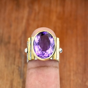 Bague Améthyste Bague cadeau gravée d'une fleur en argent sterling 925 à deux tons - Product Image 2