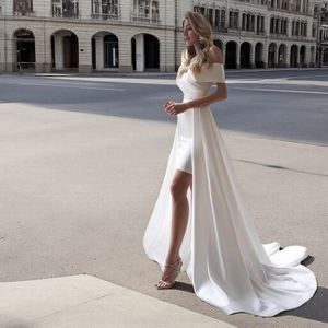 New Summer Bride Wedding <strong>Dress</strong> With One-shoulder Simple Design Ball Gown Chapel Train Detachable Tail Plus Size Available - Product Image 3