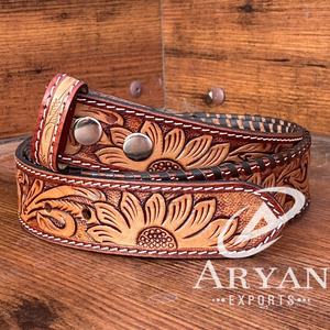 Cinturones de piel de vaca genuina personalizados al por mayor, correa a presión sin hebilla, cinturones florales mecanizados a mano de alta calidad para hombres y mujeres - Product Image 1