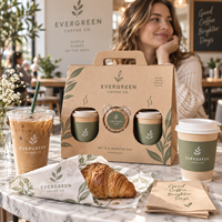 Boîte cadeau personnalisée pour café AT PACK avec poignée |   Ensemble d'emballage à emporter pour 3 tasses avec logo, gobelets à café, emballage pour biscuits et café