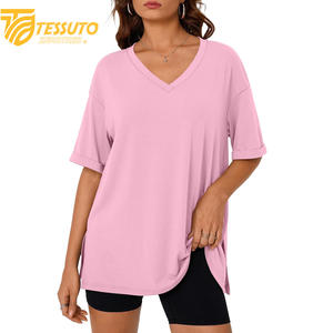 T-shirt surdimensionné de haute qualité avec logo personnalisé imprimé et broderie de diamants, poids lourd, taille plus, mode féminine, 100% coton, col en V - Product Image 2