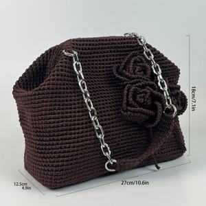 Hot-selling Wholesale Custom Handmade Crochet Rose Decoration Brown Chain <b>Shoulder</b> <b>Strap</b> Women's Everyday Handbag - Product Image 6