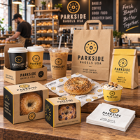 Ensemble d'emballages en papier pour bagels personnalisés AT PACK avec sacs imprimés, papier d'emballage, boîtes, gobelets à café et fournitures à emporter pour café