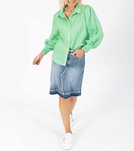Light Green Casual Women's Shirts <b>Custom</b> Ladies Tops Blouse <b>Balloon</b> Sleeves Deep Shirred Cuff Curved Hemline Linen Fabric Summer - Product Image 4