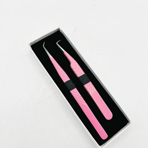 Ensemble de pinces à épiler pour extensions de cils en acier inoxydable durable, deux pièces, avec revêtement en poudre rose, pointe lisse, prise diamantée, 90 et 45 degrés - Product Image 1