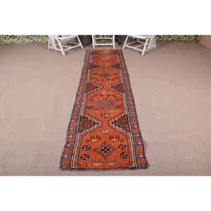 Vintage <b>Runner</b> <b>Rug</b> 2.6x9.8 ft, Orange Blue Animal Print <b>Rug</b> Wool - Product Image 1
