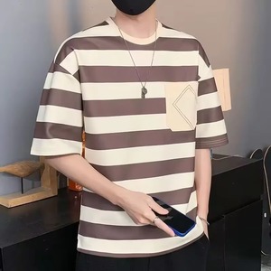 เสื้อยืดแขนสั้นลายทางสำหรับผู้ชายเสื้อยืดแนวสตรีทแวร์คอกลมระบายอากาศได้ดีเสื้อยืดทรงหลวมลำลองสำหรับผู้ชายเสื้อผ้าฮิปฮอป - Product Image 3