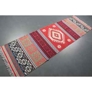 2.6x8.1 ft <b>Runner</b> Turkish Vintage Rug, <b>Red</b> Plants & trees Wool Rug - Product Image 1